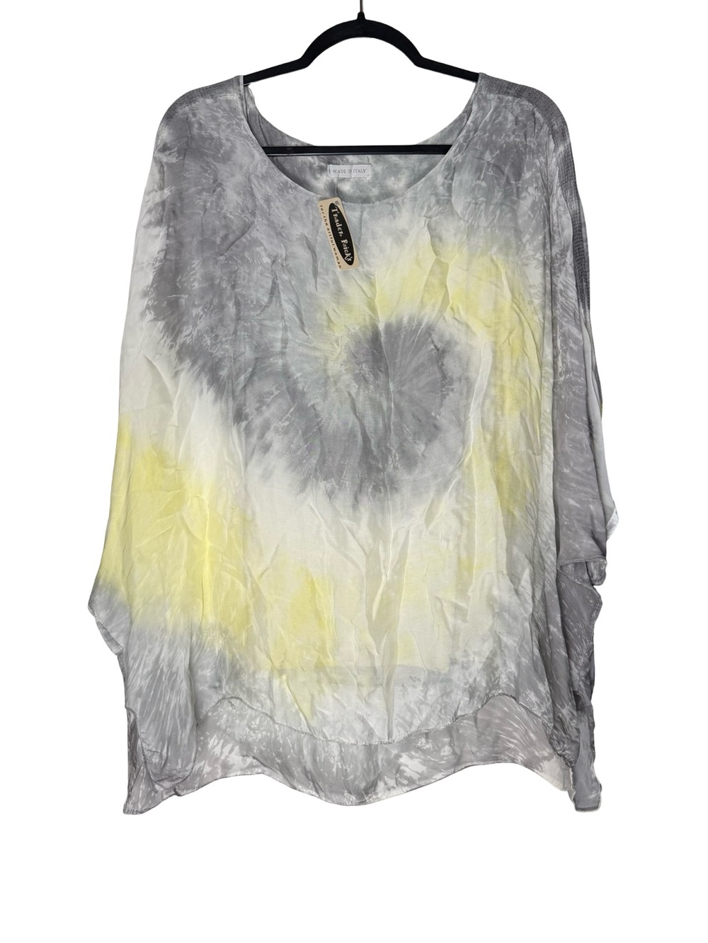 Made in Italy Lagenlook Silk Blend Top Women’s 0/S Gray Yellow Tie Dye Boho NWT